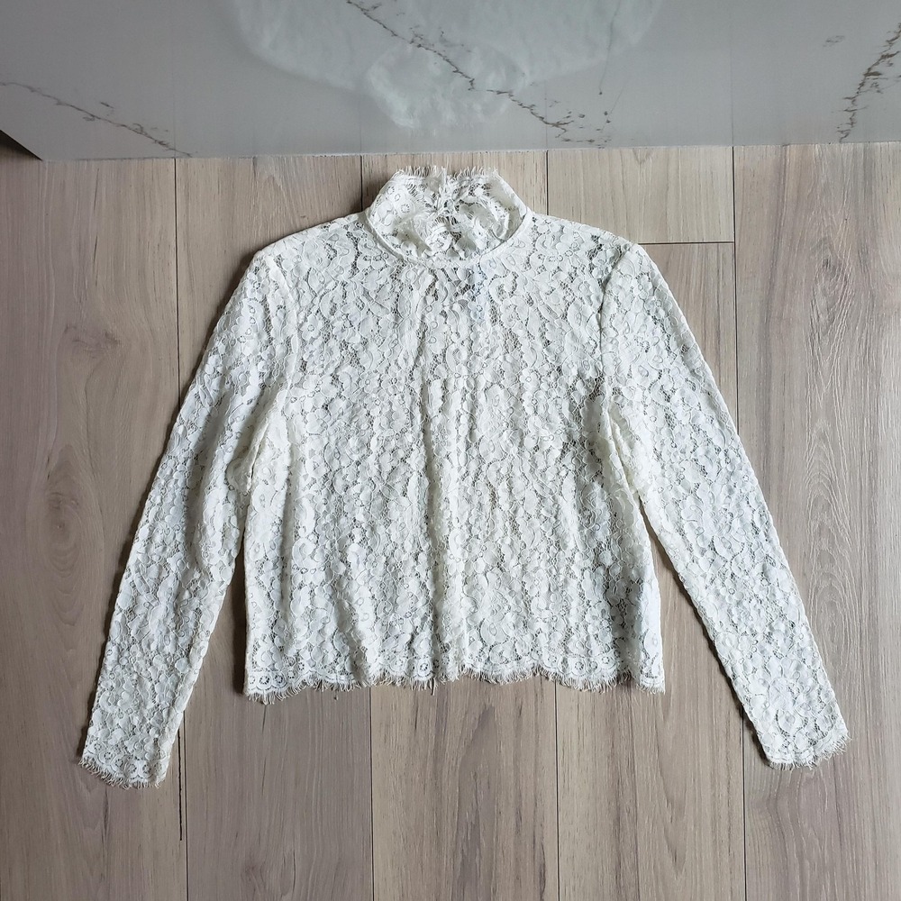 Keepsake Blouse Womens XS White Lace High Neck Long Sleeve Sheer Floral Top